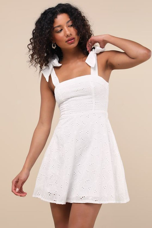 Sneak A Kiss White Floral Embroidered Tie Strap Mini Dress