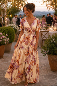 Fate Floral Print Satin Ruffled Asymmetrical Tiered Seam Maxi Wrap