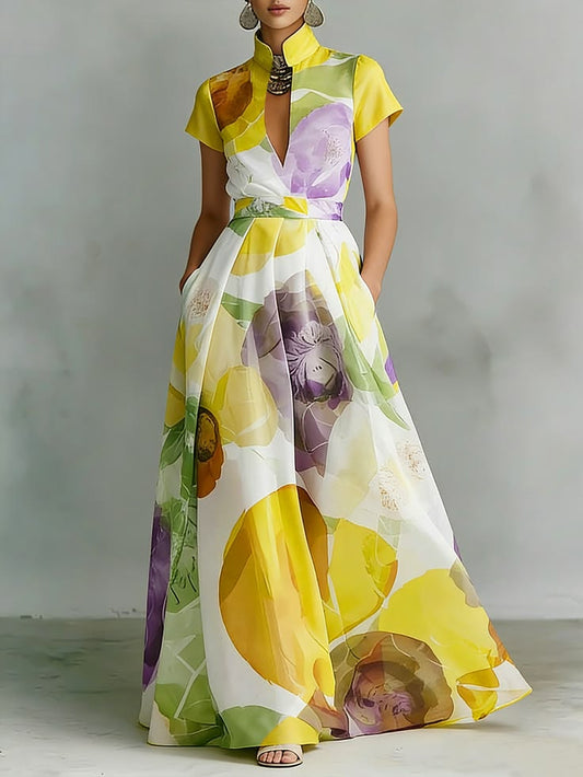 Women Vacation Maxi Dress High Waist X Line Stand Collar Short Sleeve