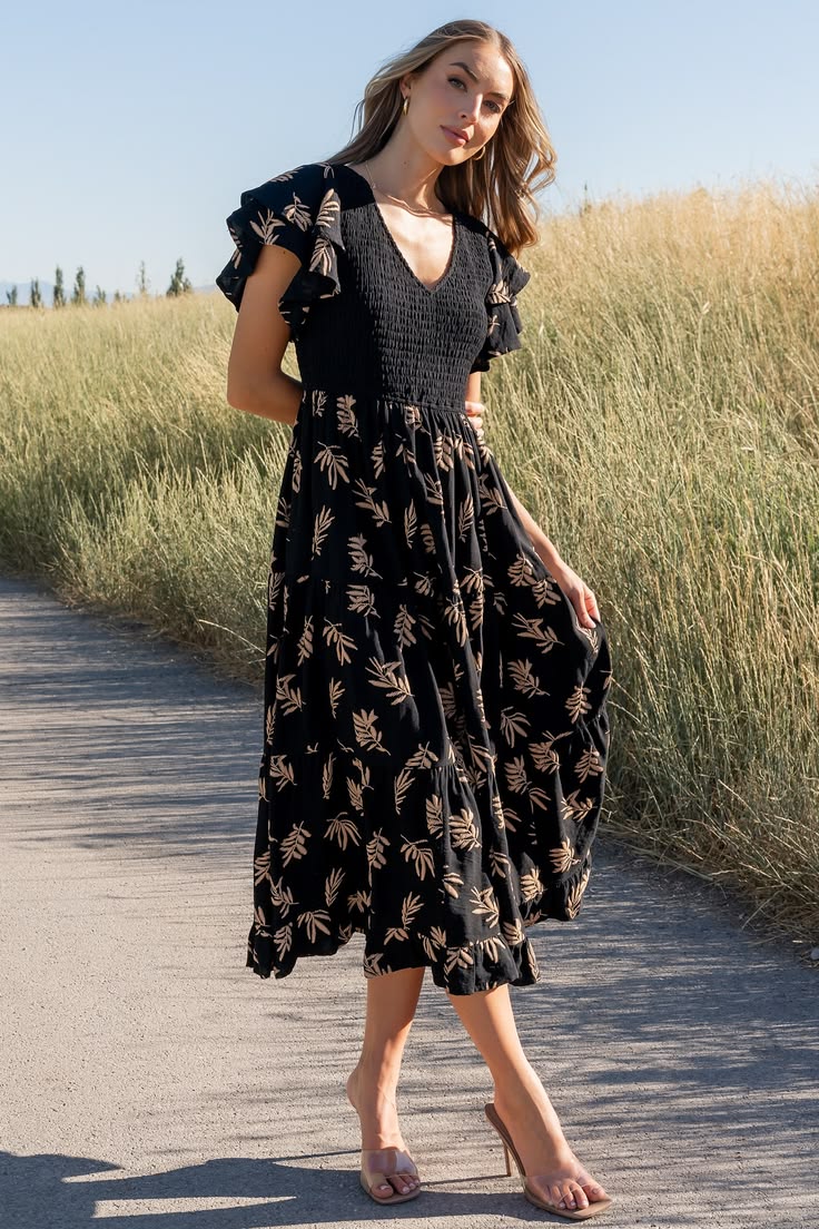 Estelle Smocked Midi Dress Black + Tan Print