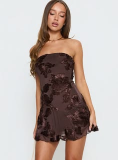 Meadow Of Dreams Strapless Mini Dress Brown Floral Burnout