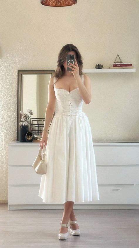 Cute A Line Straps White Chiffon Tea Length Prom Dress Summer Birthday