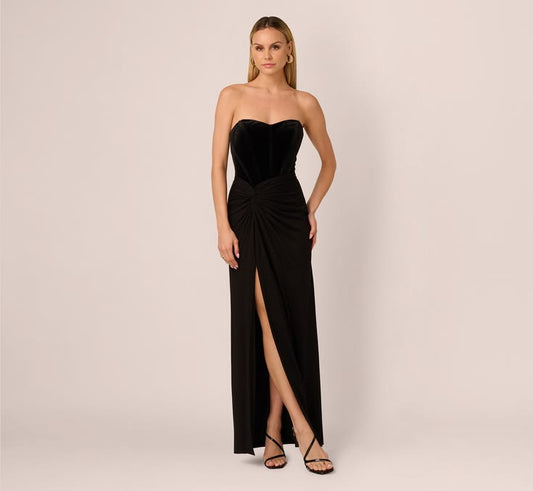 Strapless Velvet Jersey Combo Gown In Black Regular