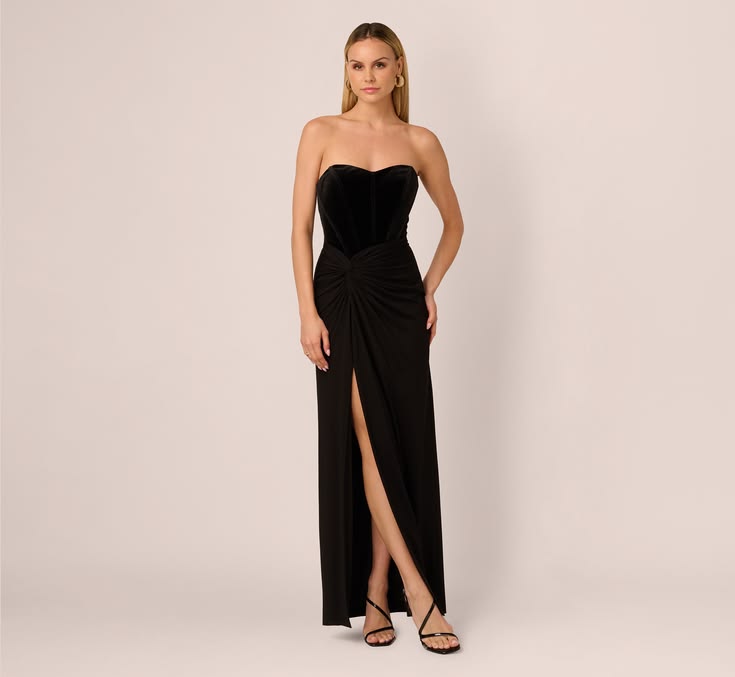 Strapless Velvet Jersey Combo Gown In Black Regular