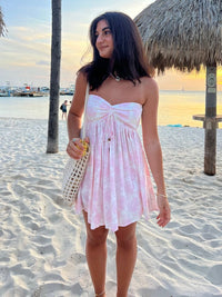 Light Pink Floral Strapless Mini Dress Babydoll Dress Boho Pink
