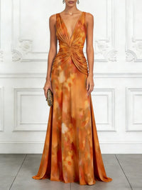 Orange Red Floral Chiffon V Neck Sleeveless A-Line Floor-length Gown Dress Orange-US4