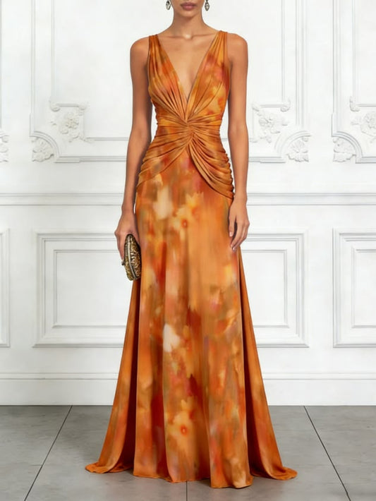 Orange Red Floral Chiffon V Neck Sleeveless A-Line Floor-length Gown Dress Orange-US4