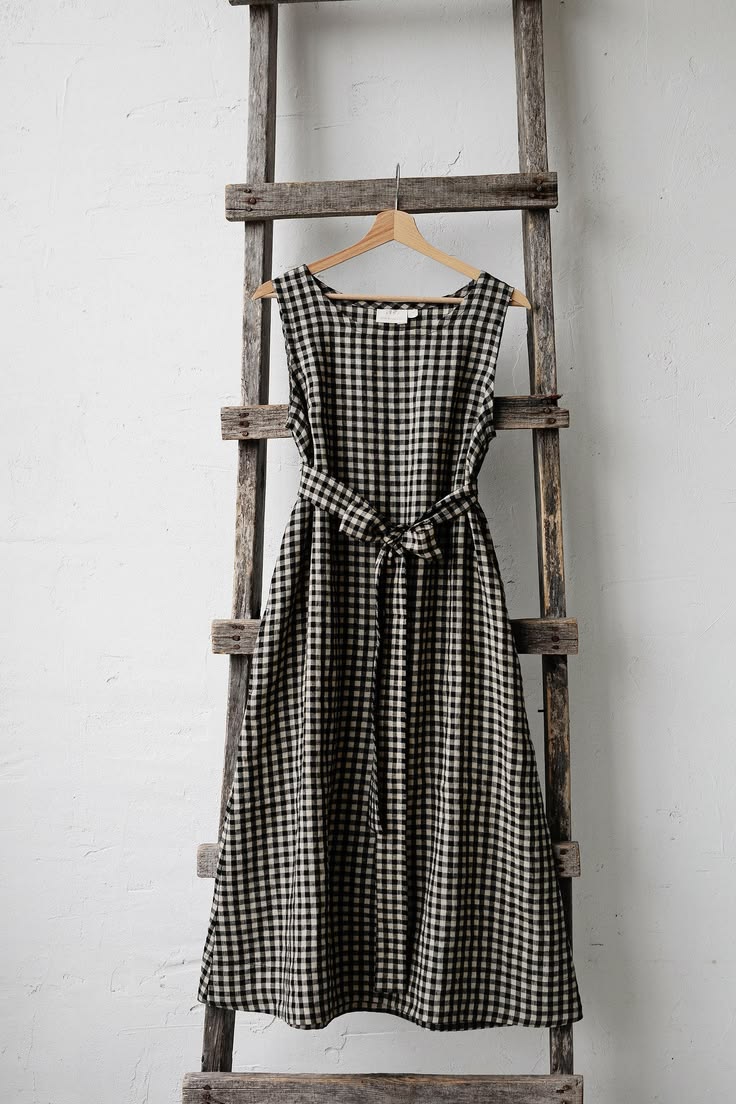 Black Gingham Sleeveless Dress, Linen Dress, A Line Linen Dress, A