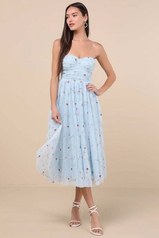 's Dress Nwt Kiley Light Blue Embroidered Strapless Midi Dress Cruise
