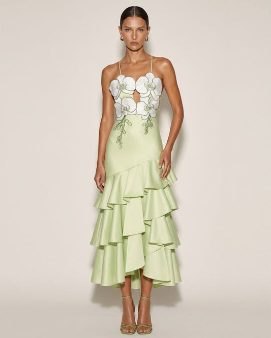 Orchid Embellished Ruffle Midi Dress Light Green, 2 US