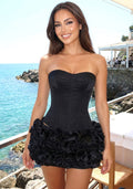 Strapless Corset Floral Ruffle Two Piece Dress Black