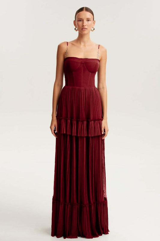 Spaghetti Strap Sleeveless Long Prom Dress With Ruffles Burgundy