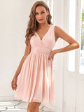 Pink Cocktail Pleated Dress Double V Neck Wholesale Chiffon Sku V2