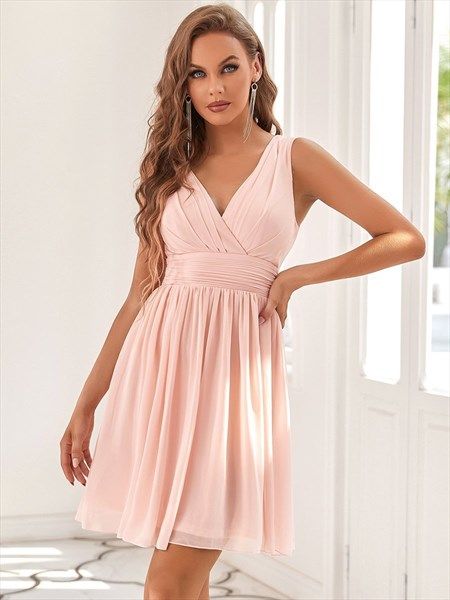 Pink Cocktail Pleated Dress Double V Neck Wholesale Chiffon Sku V2