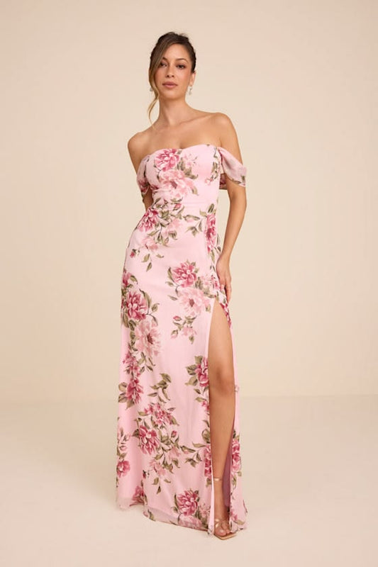 Magical Magnetism Light Pink Floral Off The Shoulder Maxi Dress