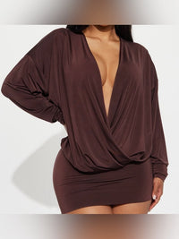 Deep V Draped Mini Dress in Brown