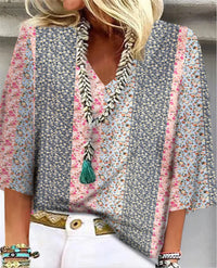 Calista | Women's Patchwork Floral V-Neck 3/4 Sleeve Blouse