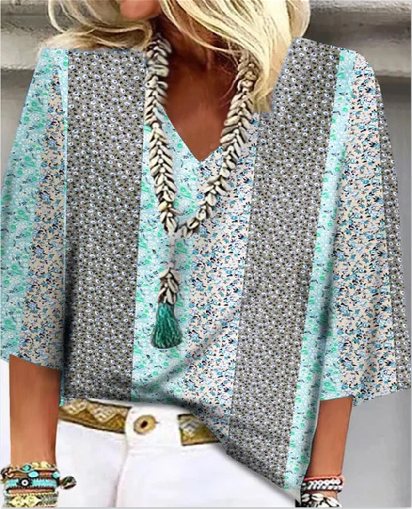Calista | Women's Patchwork Floral V-Neck 3/4 Sleeve Blouse