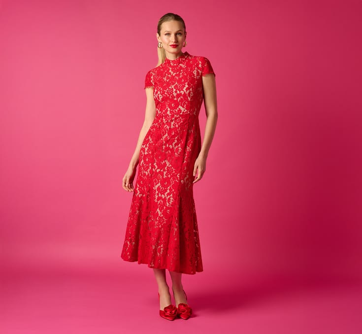 Cap Sleeve Lace Midi Dress In Red Nude Red Nude Regular
