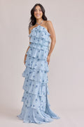 Carrie Chiffon Floral Print Dress Made To Order Sky Blue Petit Rose