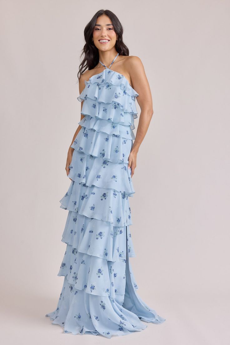 Carrie Chiffon Floral Print Dress Made To Order Sky Blue Petit Rose