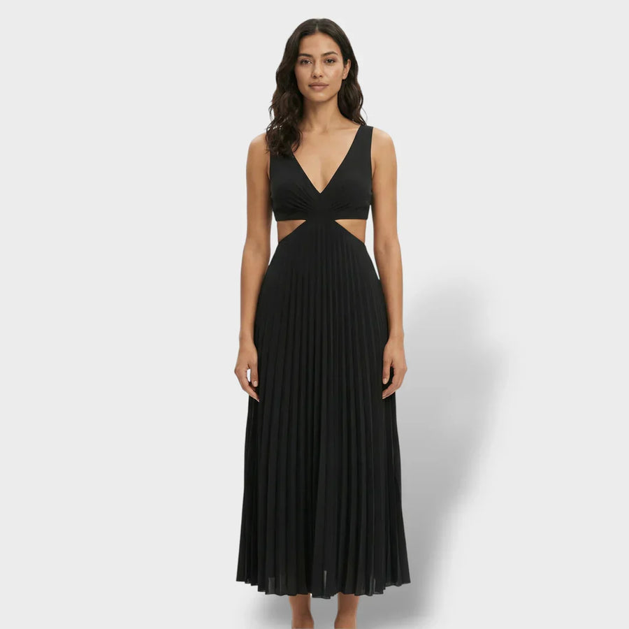 Cassia | Women's V-Neck Pleated Cutout Midi Dress