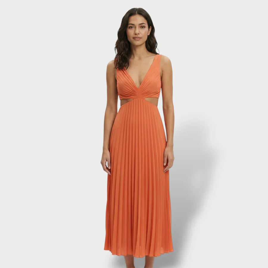Cassia | Women's V-Neck Pleated Cutout Midi Dress