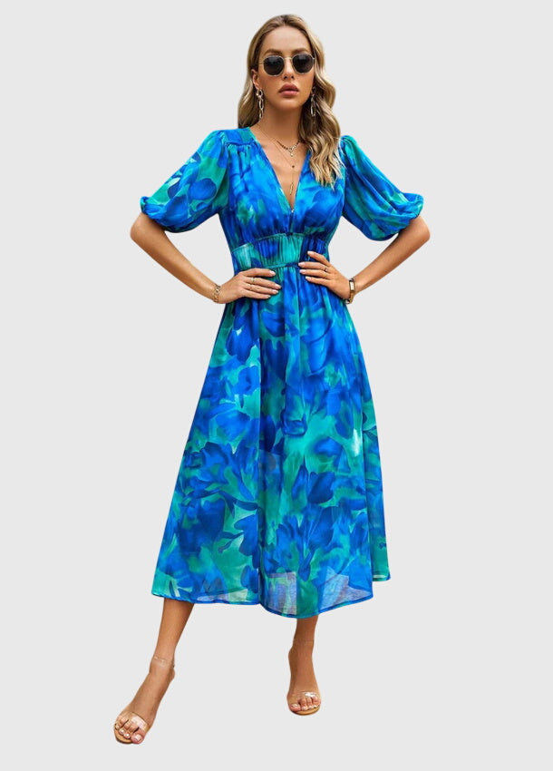 Merlin | Flattering Floral Midi Dress Blue