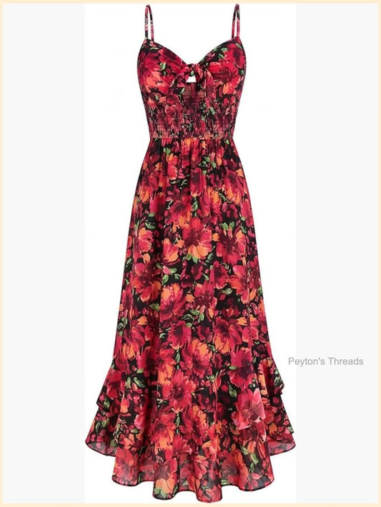 Maxi Floral Sundress Spaghetti Strap Boho Dress With Pockets Color: