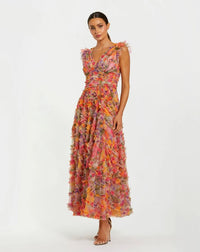 Multicolor Floral V Neck Ruffle Maxi Dress Mac Duggal