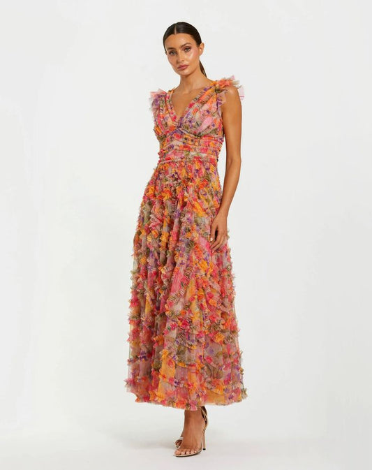Multicolor Floral V Neck Ruffle Maxi Dress Mac Duggal