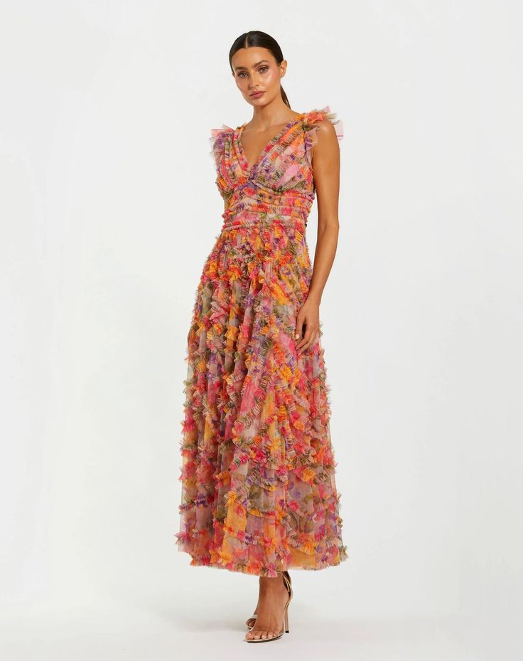 Multicolor Floral V Neck Ruffle Maxi Dress Mac Duggal
