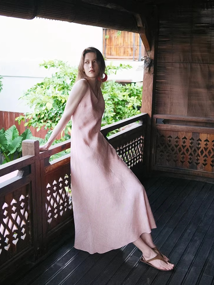 TENCEL™ Linen Blend Open-Back Waist-Defined Vacation Dress