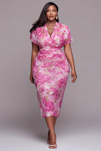Xpluswear Design Plus Size Cocktail Party Pink Floral Cowl Neck Short