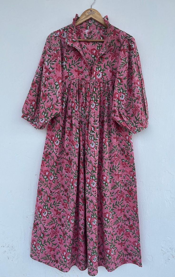 Printed Cotton Maxi Dress V Neckline Maxi Dress 3 4th Sleeve With