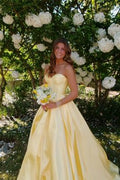 Strapless Yellow Pleated A-line Long Dress