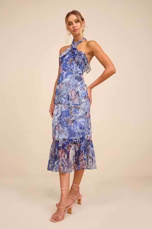 Juno Blue Multi Floral Halter Trumpet Midi Dress