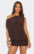 Off The Shoulder Draped Asymmetric Mini Dress In Chocolate Brown