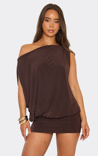 Off The Shoulder Draped Asymmetric Mini Dress In Chocolate Brown