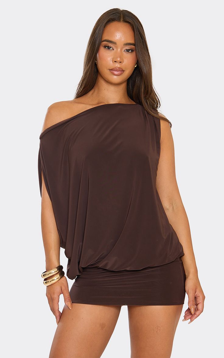 Off The Shoulder Draped Asymmetric Mini Dress In Chocolate Brown
