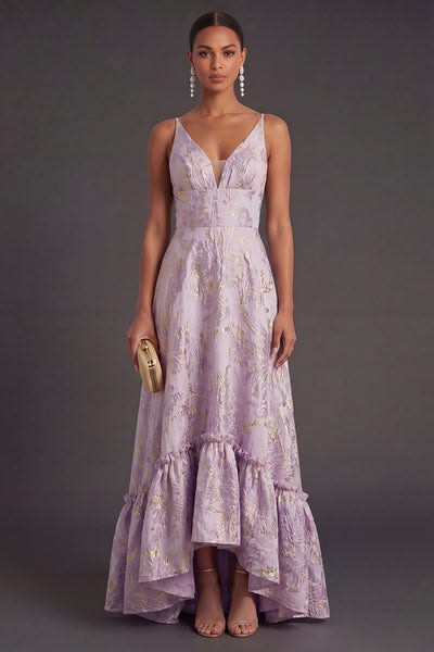 Dusty Lilac Jacquard Floral High Low Wedding Guest Dress