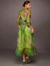 Elegant Abstract Print Maxi Dress With Floral Belt