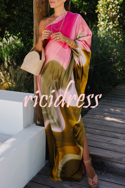 Summertime Favorites Satin Tie Dye Print One Shoulder Drape Vacation Maxi Dress