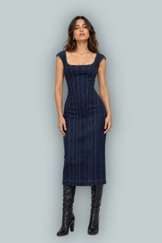 GapStudio Seamed Denim Cap Sleeve Midi Dress Dark Wash