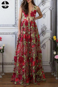 Red Floral Embroidery See Through Long Elegant Formal Prom Dress