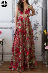 Red Floral Embroidery See Through Long Elegant Formal Prom Dress