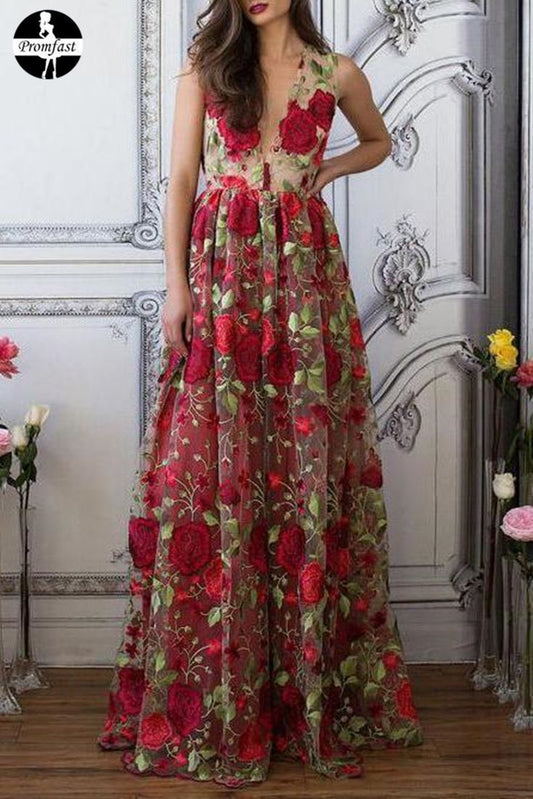 Red Floral Embroidery See Through Long Elegant Formal Prom Dress
