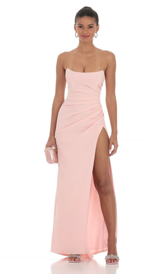Ruched Strapless Corset Maxi Dress In Pink