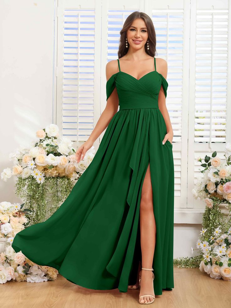 Greer Enchanting Spaghetti Straps Pleated Slit Chiffon Bridesmaid