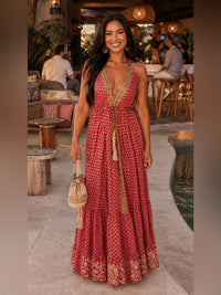 Nwt Pink Boho Halter Maxi Dress Tassel Tie Cover Up Color: Pink Tan